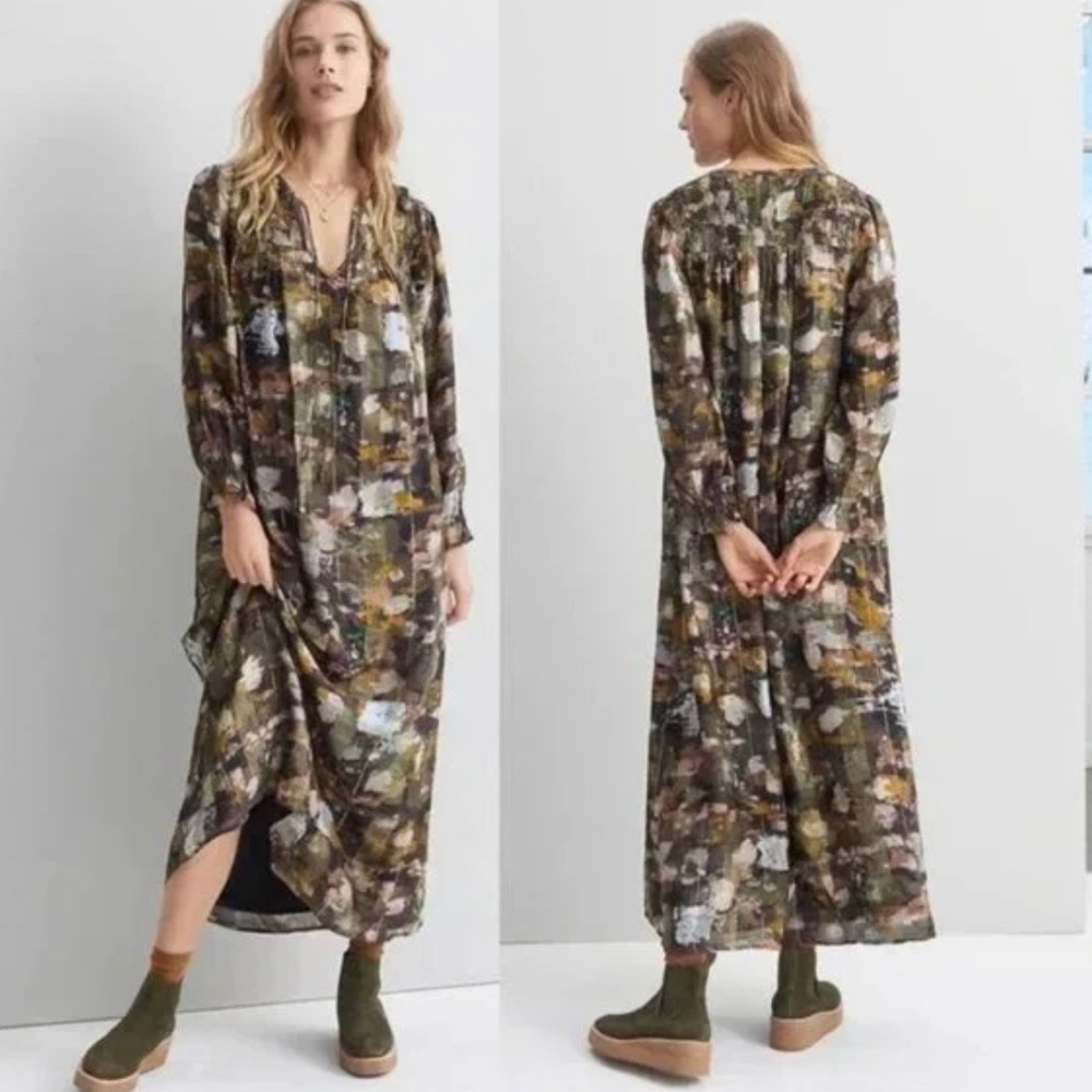 NWOT Anthropologie Brown and gold Long Sleeve Maxi Dress Sz M